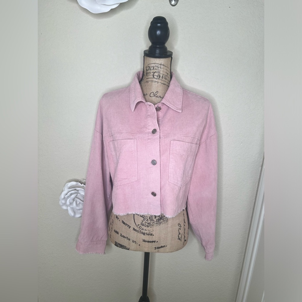 Mimosa Cropped Raw Hem Trucker Style Pink Corduroy Jacket NWT Size M